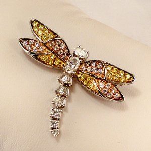 NEW Lite Pink, Yellow Cubic Zirconias Silver Dragonfly DESIGNER Brooch